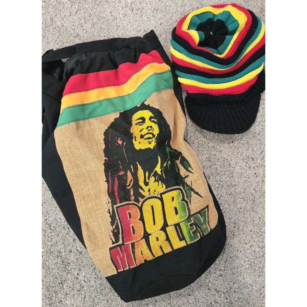 Bob‎ Marley Rasta Bag & Knit Hat Set Reggae Jamaica Red Yellow Green Festival
